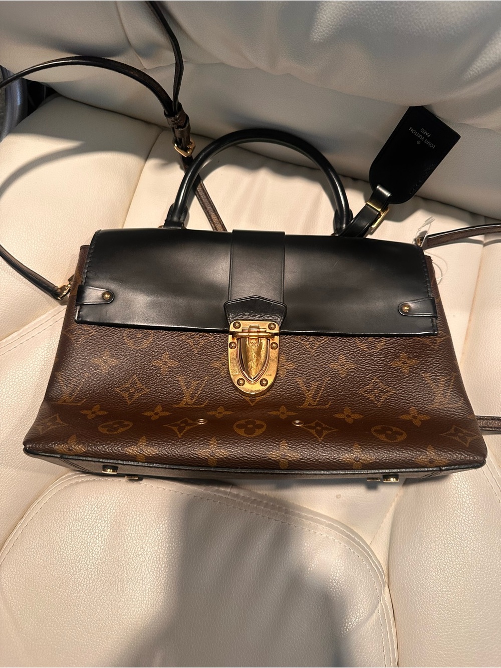 Louis Vuitton Brown Monogram and Black Leather Top-Handle Satchel